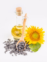 Wall Mural - Sunflower, sunflower oil and sunflower seeds, background