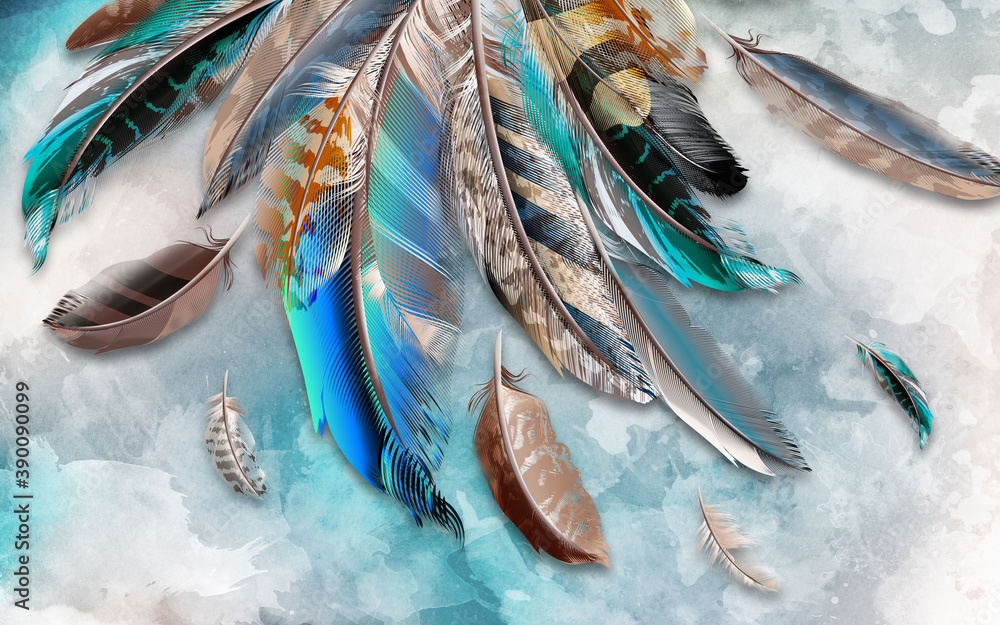 3d wallpaper feather blue nature - obrazy, fototapety, plakaty 