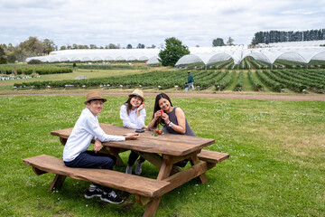 Poster - Trendy teenagers and mum rest on wooden bench at strawberry farm.