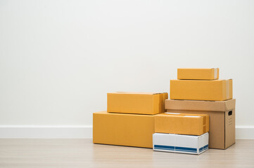 Stacking of box parcel cardboard mock up on blank space white background.