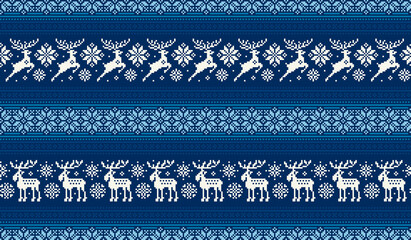 Wall Mural - Christmas Pixel Pattern with Deers and Elks. Traditional Nordic Seamless Striped Ornament. Scheme for Knitted Sweater Pattern Design or Cross Stitch Embroidery.