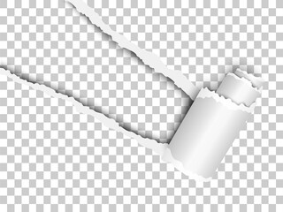 Wall Mural - Torn, snatched window placed diagonally in sheet of checkered transparent paper with paper curl. White background of the resulting hole. Template paper design.