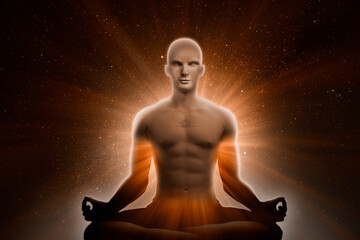 Wall Mural - strong man lotus pose with energy rays