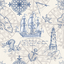 Old Caravel, Vintage Sailboat, Sea Monster. Monochrome Hand Drawn Sketch. Seamless Pattern For Boy. Detail Of The Old Geographical Maps Of Sea.