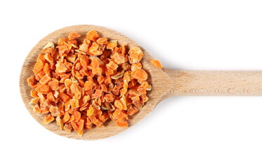 Wall Mural - Dry chopped carrot pieces, vegetable slices with wooden spoon isolated on white background, top view