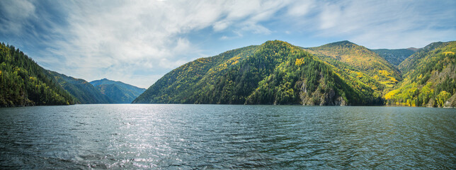 Yenisei River, Sayan mountains. Wild place in Siberia, Krasnoyarsk Krai. Panoramic view. 