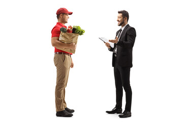Wall Mural - Full length profile shot of a manager talking to a food delivery courier
