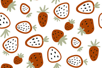 Wall Mural - Red strawberry. Vector seamless pattern with strawberries isolated on white background. Hand drawn. Fruit background. Vector print for fabric and wallpaper. Berries on a white background.