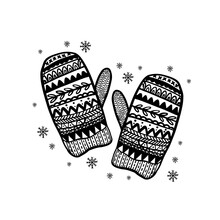 Merry Christmas Decoration Hand Drawn.Doodle Style Greeting Card With Knitted Warm Mittens .