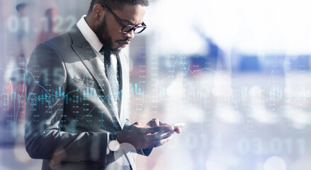 Leinwandbilder - Forex trading graph chart layered over black businessman using smartphone outdoors, collage