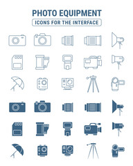 Photo Equipment Icons set - Vector outline symbols and silhouettes of camera, film, tripod, lens, flash, light, memory and etc. for the site or interface