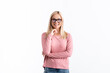 © LIGHTFIELD STUDIOS - Blonde woman in eyeglasses with hand near chin looking at camera isolated on white