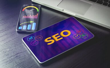 SEO, Search Engine Optimization concept. SEO Digital Business Internet Marketing. Search engine result, page speed and ranking optimization. On-page seo, keyword research, optimize content, meta tags