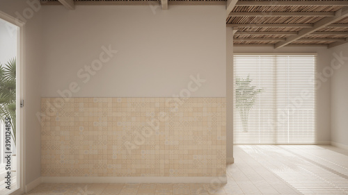 Empty Room Interior Design Open Space With White Walls And Ceramic Tiles Floor Wooden Bamboo Ceiling Modern Contemporary Architecture Big Window Mock Up With Copy Space Stock Illustration Adobe Stock