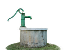 Hand Water Pump With Old Pond On The Green Grass On Isolate White Background