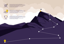 Vector Illustration Of The Mountain Landscape, With Points For Climbing To The Top, Icons For Planning Mountain Climbing With A Description