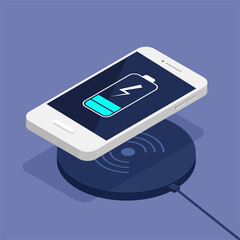 Wall Mural - Wireless charging of the smartphone battery. Device concept. Isometric design. Vector illustration. The progress of charging the battery of the phone.