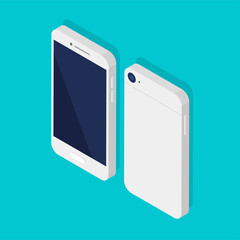 isometric phone front and back side. smartphone black blank display template or mock up. smart techn
