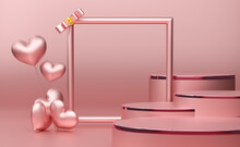 Podium Empty With Heart Balloon Shapes In Pink Pastel Composition For Modern Stage Display And Minimalist Mockup ,birthday Balloons And Party Or Celebrations ,3d Illustration Or 3d Render