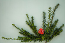 Heart Shaped Christmas Tree Ball On  Common Yew Tree Branches On Gray Background. Christmas Composition With Copy Space.