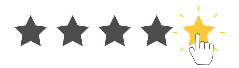 Wall Mural - Five yellow stars with clicking hand. Quality rank set. Best choice illustration. Hand touching last star. Rating sign. Feedback and review set with simple stars shape. Vector EPS 10.