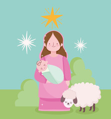 Canvas Print - nativity, manger cute holy mary with baby in hands and lamb cartoon