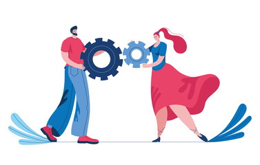 Wall Mural - A young man and a girl connect parts of the mechanism. Concept of a vector illustration in a flat style on the theme of teamwork and joint solutions.