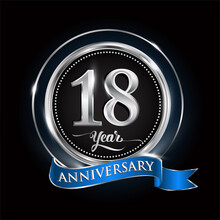 Celebrating 18th Years Anniversary Logo. With Silver Ring And Blue Ribbon.