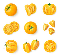 Wall Mural - Set of fresh whole and sliced yellow tomatoes isolated on white background