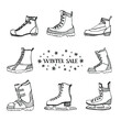 Winter sale banner/ Winter sports equipment and wear/ Set of shoes, boots and skates icons in sketchy style/ Hand drawn vector illustration