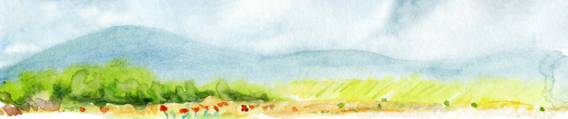 Hand drawn panoramic european landscape watercolor background.