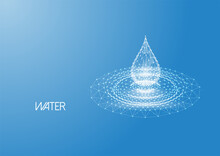 Futuristic Low Polygonal Water Drop With Splash Ripples Made Of Lines, Dots On Blue.
