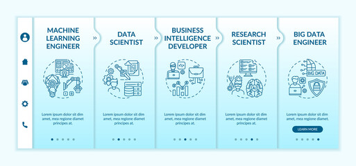 Careers in AI onboarding vector template. Business intelligence software developer. Research scientist. Responsive mobile website with icons. Webpage walkthrough step screens. RGB color concept