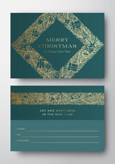 Canvas Print - Christmas Abstract Vector Greeting Gift Card Background. Back and Front Design Layout with Classy Typography. Soft Shadows with Hand Drawn Pine Branches Stripes and Rhombus Frame. Isolated