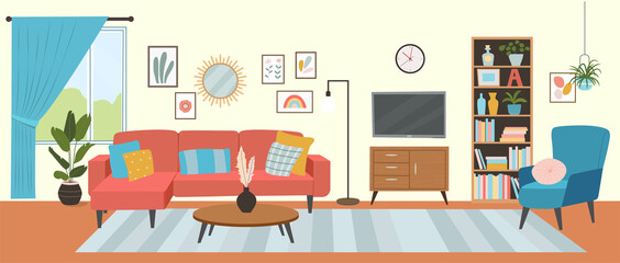 Wall Mural - Living room interior. Comfortable sofa, TV,  window, chair and house plants. Vector flat style illustration