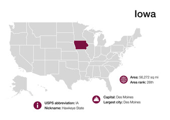 Poster - Map of Iowa state with political demographic information and biggest cities