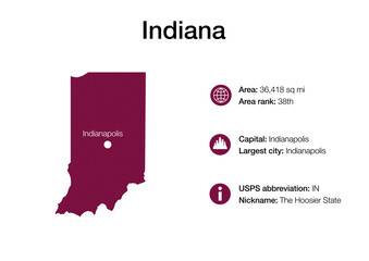 Poster - Map of Indiana state with political demographic information and biggest cities