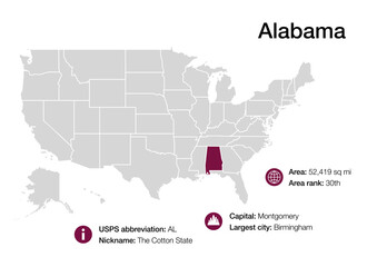  Map of Alabama state with political demographic information and biggest cities