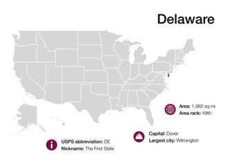 Poster - Map of Delaware state with political demographic information and biggest cities