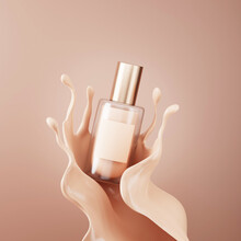 3D Beige Foundation Background. Liquid Texture, Creamy Splash Swirl. Make-up, Cosmetic Bottle. Beauty Mockup Minimal Banner With Copy Space. 3D Render Abstract Brown Background For Product Promotion. 