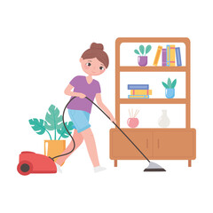 Wall Mural - daily routine scene, girl cleaning with vacuum in the living room