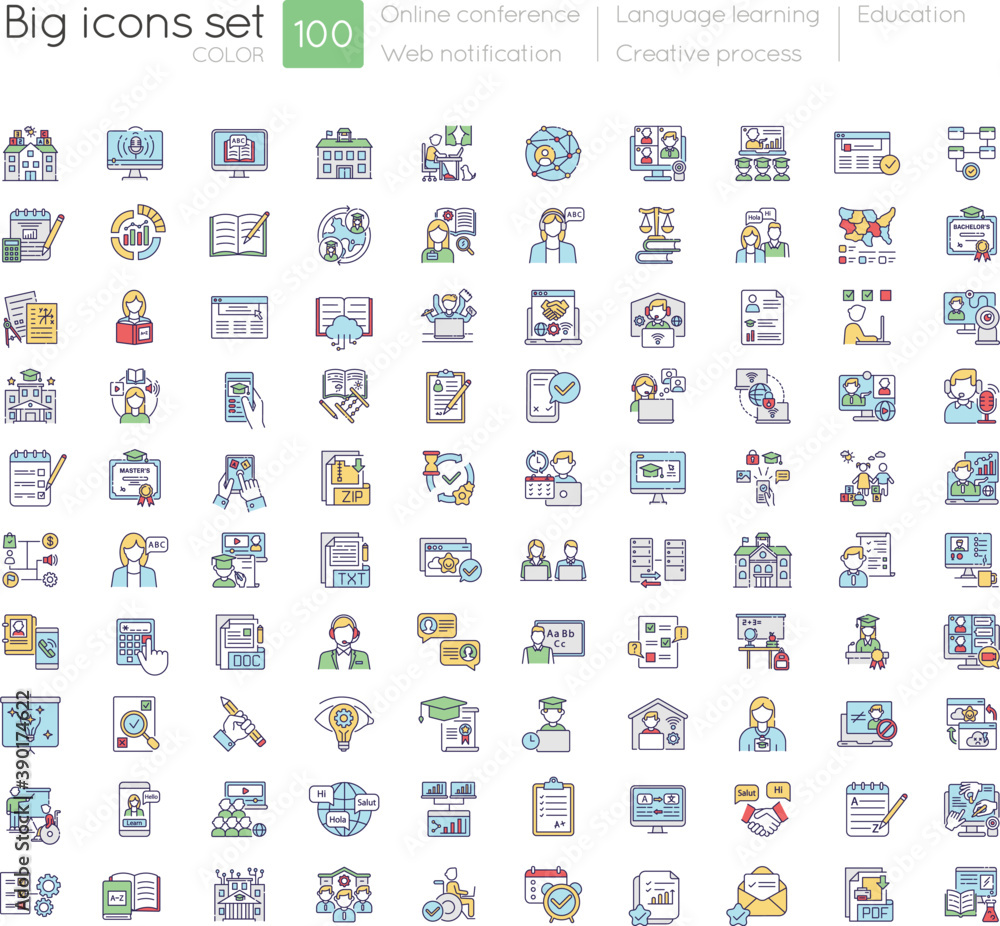 Online education blue RGB color icons set. Web notifications. Virtual ...