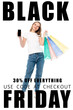 © LIGHTFIELD STUDIOS - pleased woman holding smartphone with blank screen near colorful shopping bags, black friday lettering and illustration on white