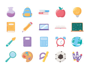 education icons with flask chemistry, backpack, book,ruler, craoyns, laptop and more and school elementary cartoon