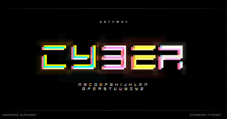 Wall Mural - Awesome Cyber Futurism alphabet. Futuristic stunning font, geometric type for modern logo, headline, creative lettering and typography. Overlay glitch modular letters, vector typographic design