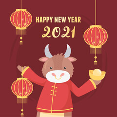 Wall Mural - happy new year 2021 chinese, cute ox with lanterns and gold decoration card