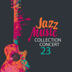 Wall Mural - Poster for a jazz music concert with a bright abstract guitar and lettering on the black background in retro style. Suitable for vector banner, flyer, invitation, advertisement, cover, ticket