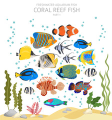 Wall Mural - Coral reef fish. Freshwater aquarium fish icon set flat style isolated on white