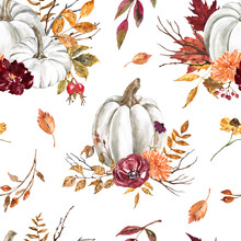 Beautiful Pastel Pumpkins And Flower Seamless Pattern With White Background. Watercolor White Pumpkin Arrangement, Burgundy And Orange Flowers, Leaves, Berries. Fall Botanical Print.