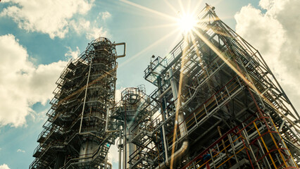 Petrochemical refinery plant. Industrial towers at oil refinery. Oil refinery twilight on classic blue sky background.. Space for text. Design concept.